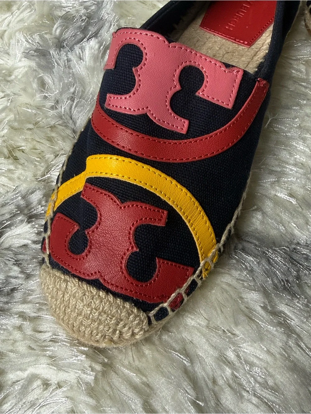 Tory Burch Black Canvas Espadrilles with Red, Pink & Yellow Leather Accents